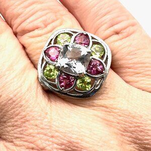 Designer J&T Multi Gemstone Sterling Silver Statement Ring Size 10